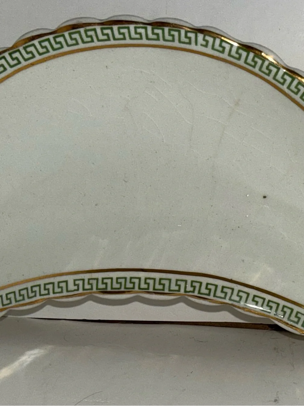Scalloped Ceramic Serving Plate with Green Greek Key and Gold Trim